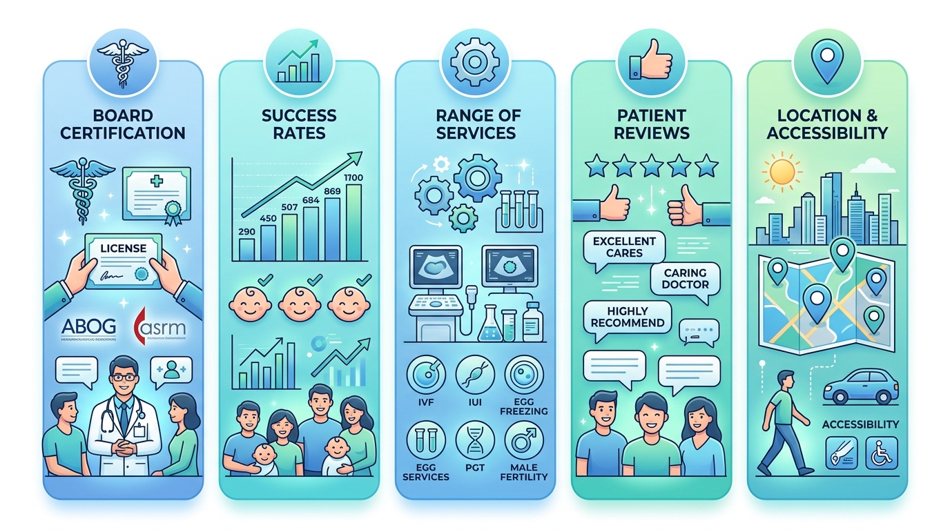 Infographic comparing key considerations for selecting a fertility doctor in Miami