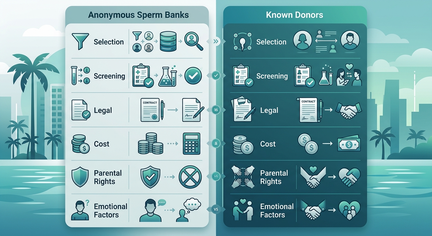 Visual comparison infographic detailing differences between anonymous sperm banks and known donors across selection, screening, legal, cost, parental rights, and emotional factors.