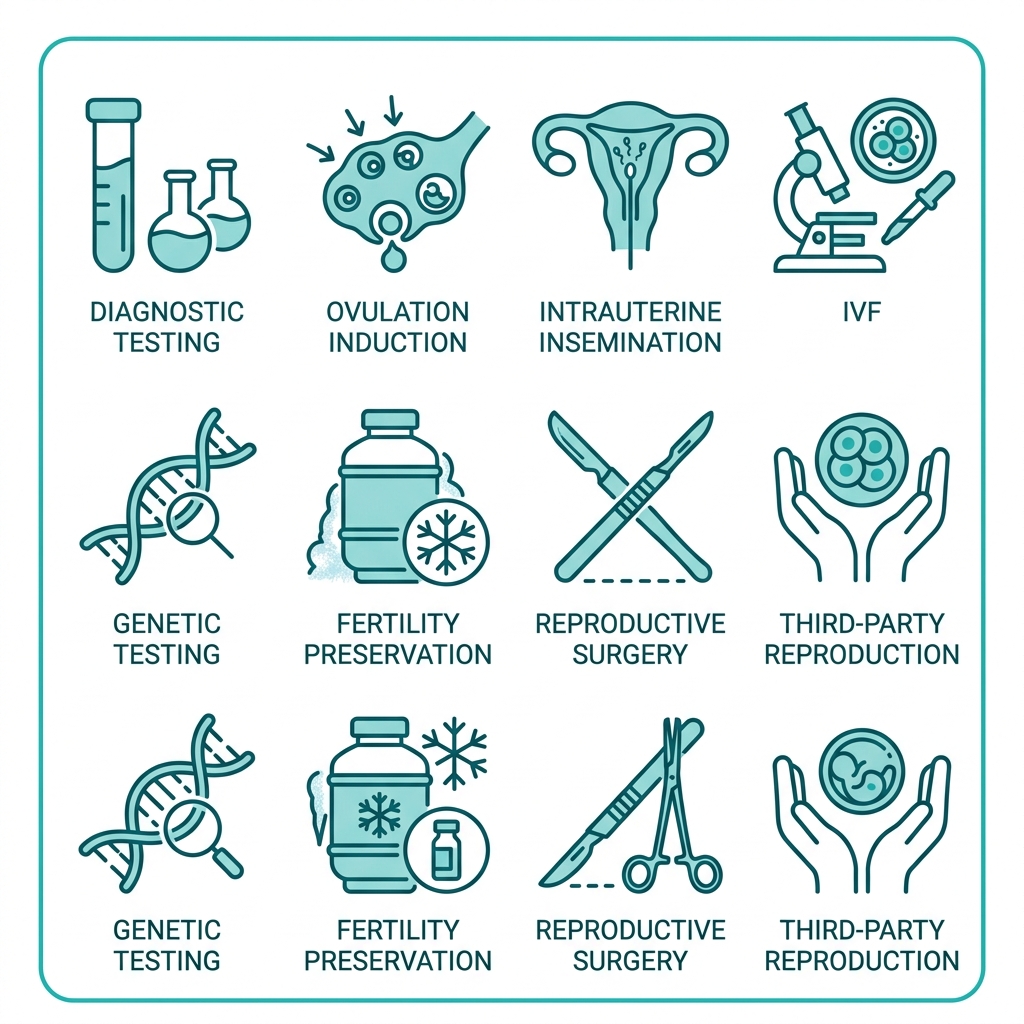 A grid of eight teal line icons on a white background, each representing a different fertility treatment: diagnostic testing, ovulation induction, intrauterine insemination, IVF, genetic testing, fertility preservation, reproductive surgery, and third-party reproduction.