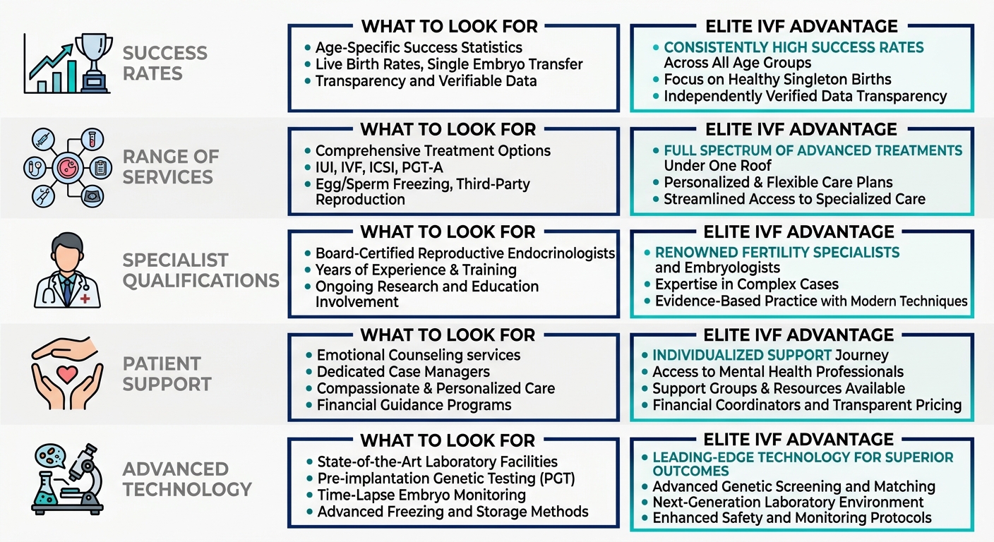 Infographic comparing five fertility clinic evaluation factors: success rates, services, qualifications, support, and technology, highlighting Elite IVF Solutions' advantages.