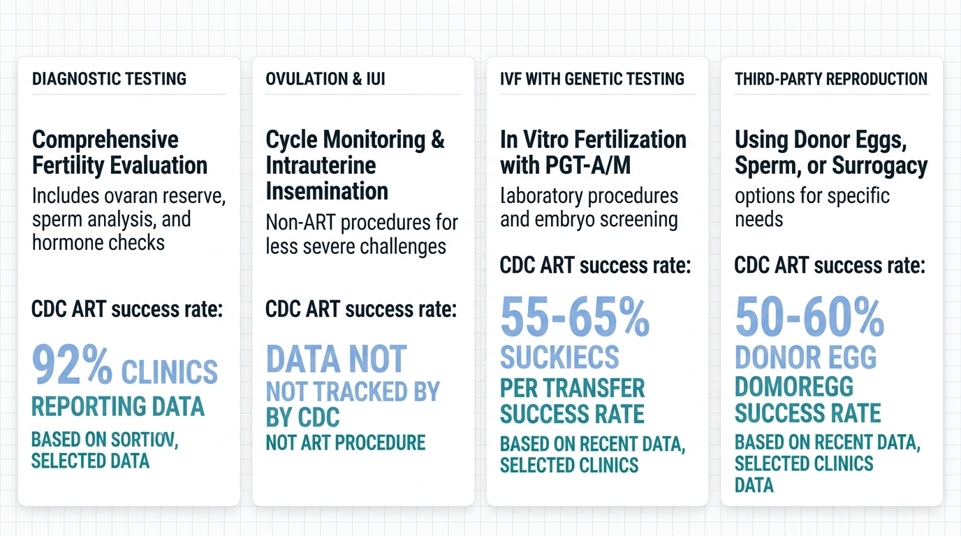 Infographic comparing four fertility service categories with ART success rate metrics, featuring diagnostic testing, ovulation therapies and IUI, IVF with genetic testing, and third-party reproduction in a clean medical design.