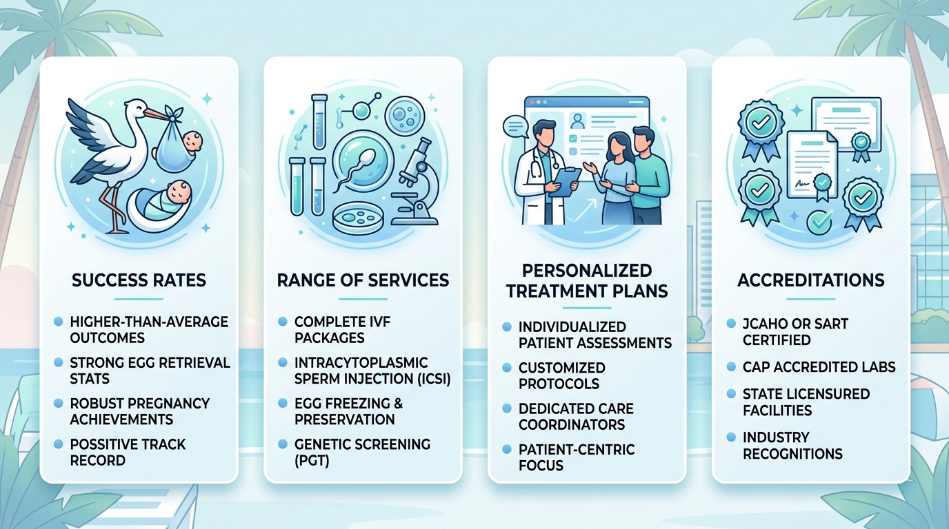 Infographic comparing four key factors for choosing a fertility clinic: success rates, range of services, personalized treatment plans, and accreditations