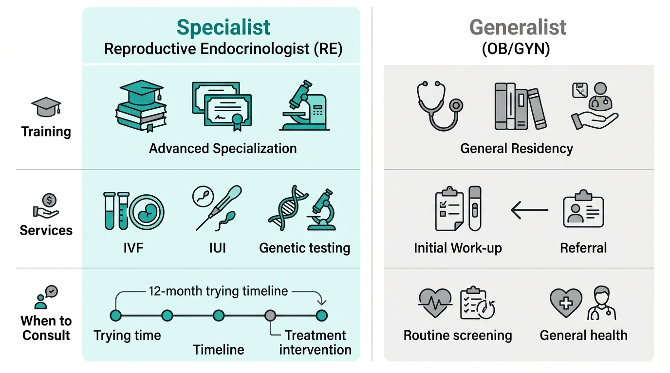 Infographic comparing reproductive endocrinologist and OB/GYN qualifications, services, and when to consult, using icons and minimal labels