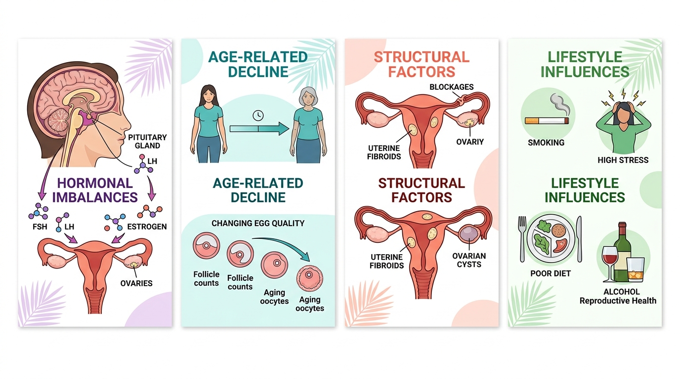 Infographic showing four common causes of female infertility: hormonal imbalances, age-related decline, structural factors, and lifestyle influences, using colored panels.