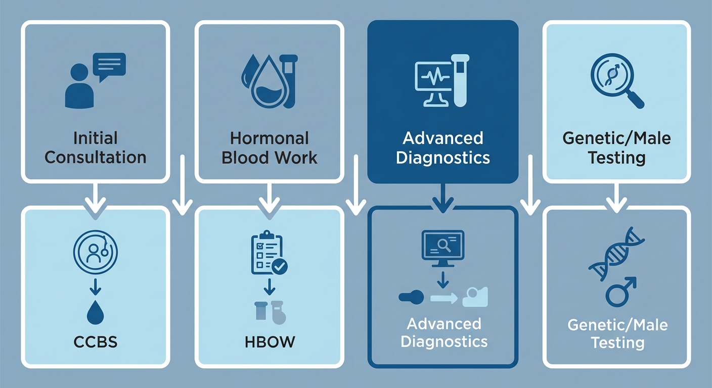Vertical process flow showing four stages of infertility diagnostic testing.
