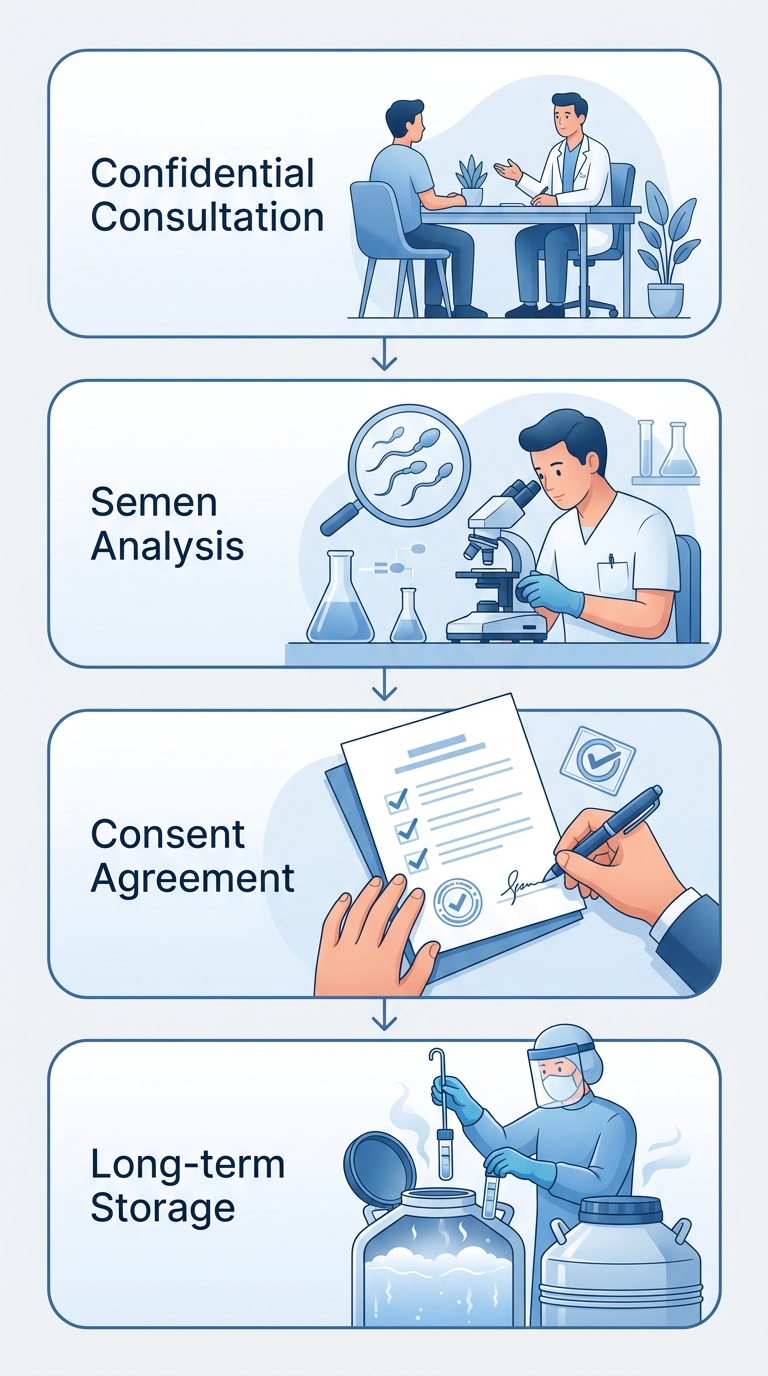 Vertical process flow diagram showing four steps for sperm freezing: Confidential consultation, semen analysis, consent agreement, and long-term storage, with arrows connecting in warm blue tones.