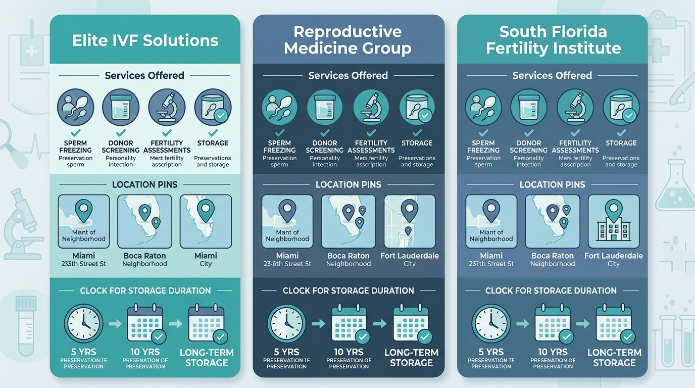 Side-by-side comparison infographic of three sperm freezing clinics in South Florida, showcasing services, locations, and storage durations without any titles or headers.