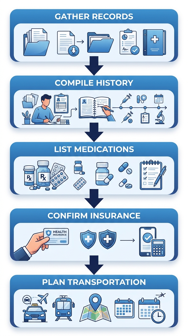 A vertical process flow diagram showing the five steps to prepare for a first IVF consultation: gather records, compile family history, list medications, confirm insurance, and plan transportation.