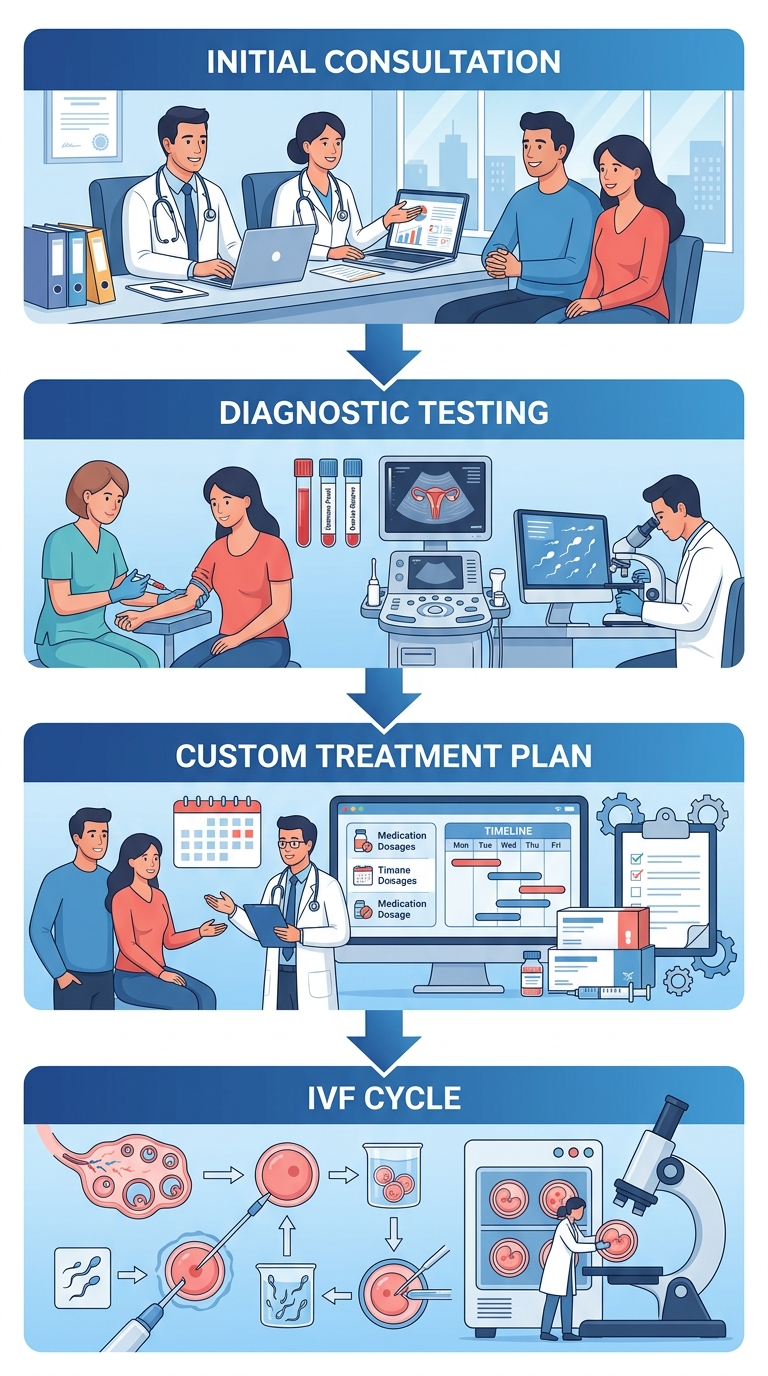 Flowchart illustrating the four-step IVF treatment journey at Elite IVF Solutions from initial consultation to IVF cycle.