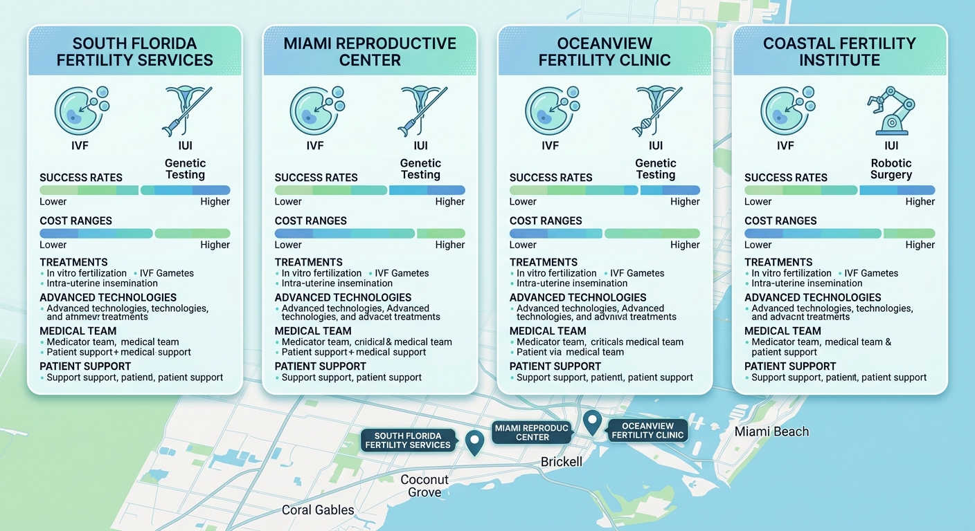 Comparison infographic of top Miami fertility clinics showing services and location markers