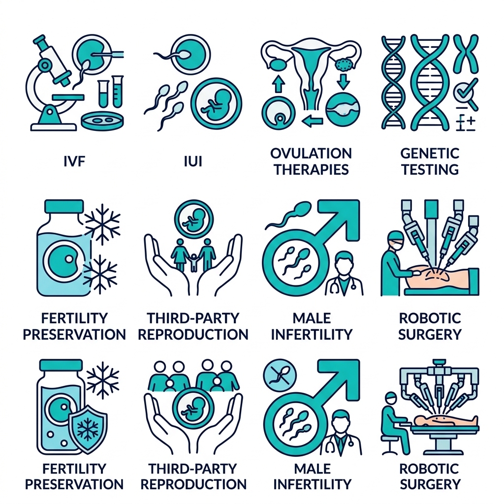 Grid of eight medical icons representing IVF, IUI, ovulation therapies.
