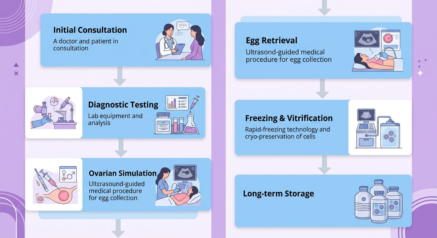 Vertical process flow diagram illustrating the six-step fertility preservation journey: initial consultation, diagnostic testing, ovarian stimulation, egg retrieval, freezing and vitrification, and long-term storage, using soft blue and purple gradients.