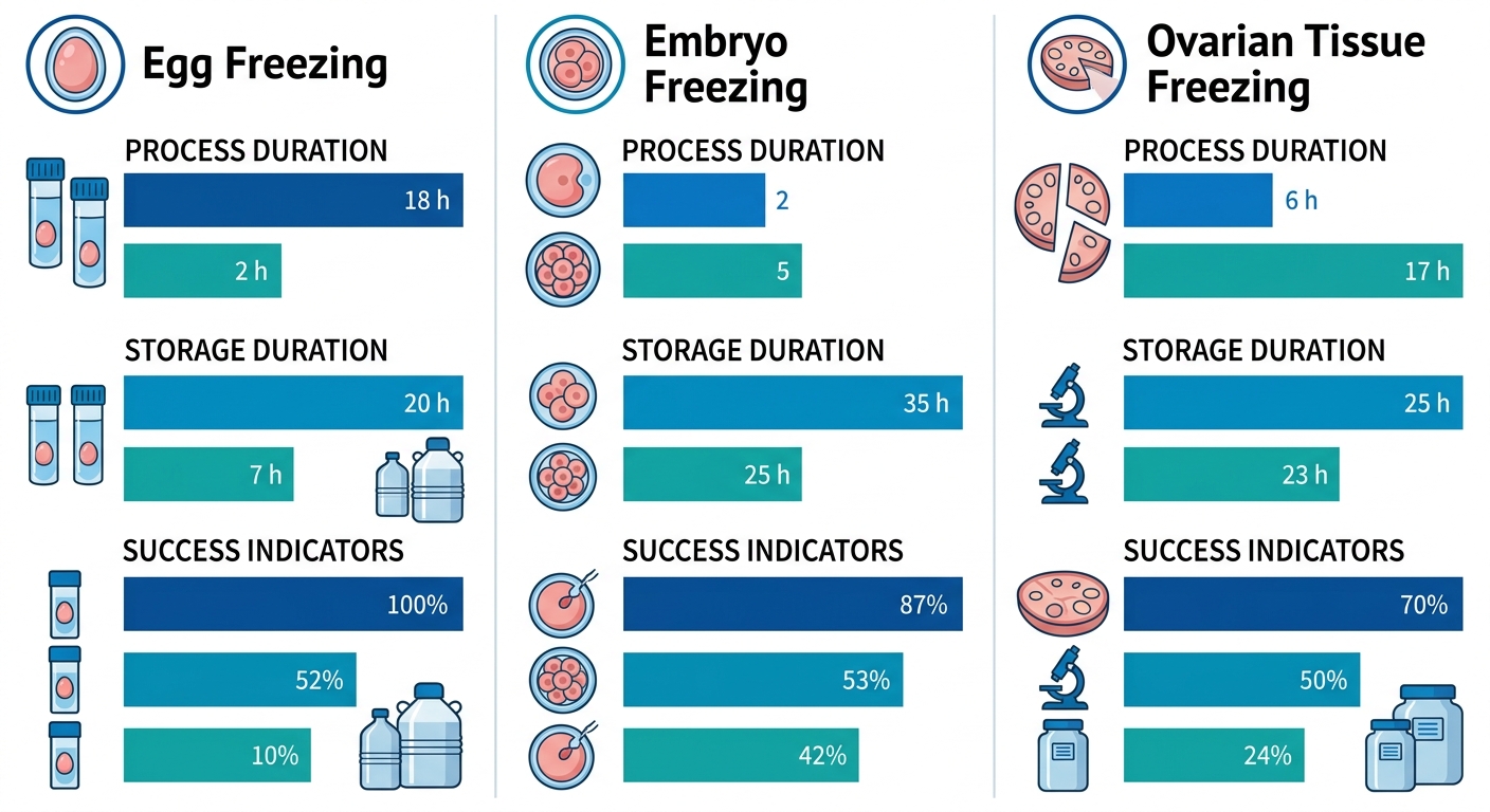 Comparison infographic of fertility preservation methods including egg freezing, embryo freezing, and ovarian tissue freezing