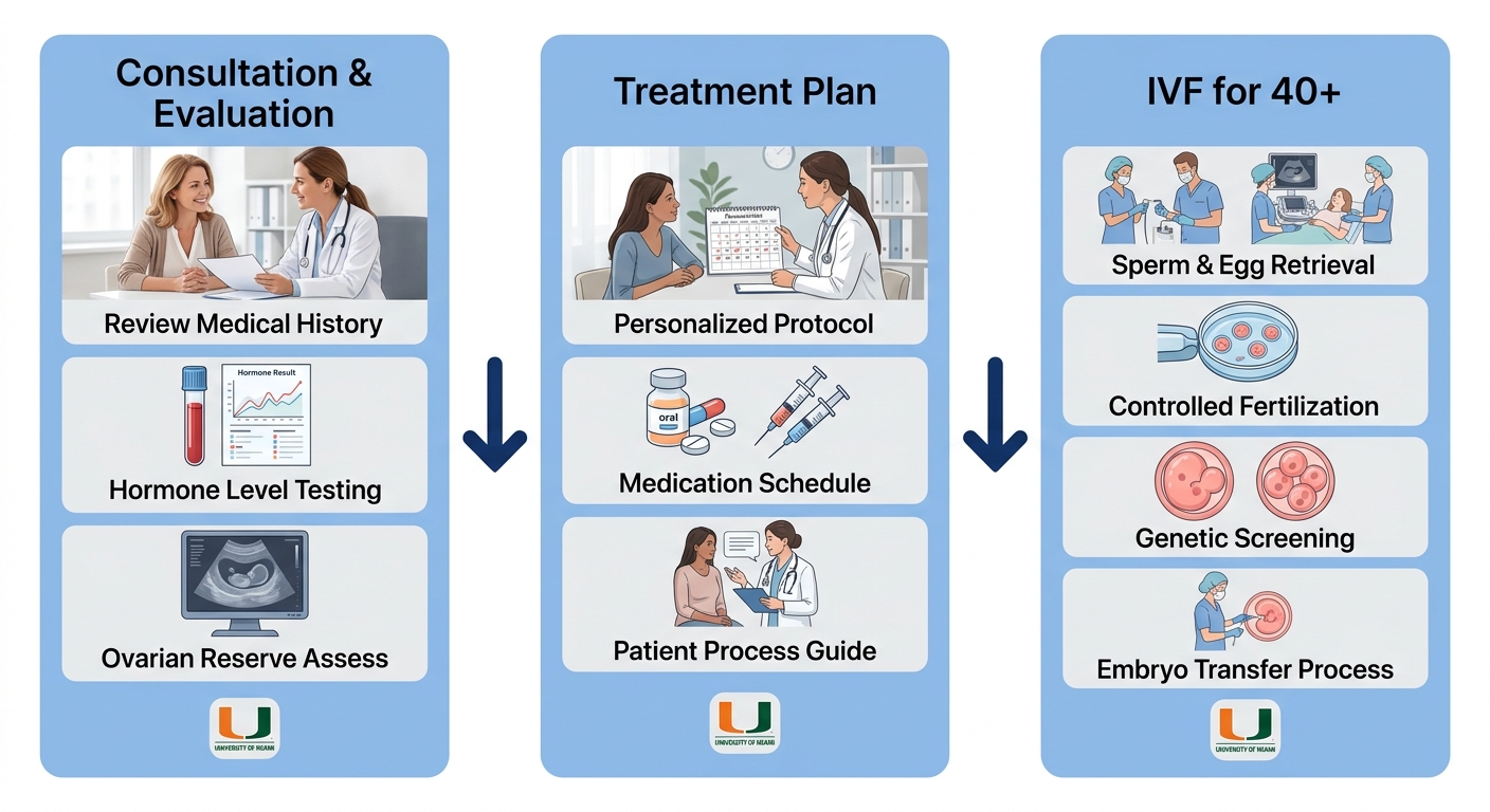A vertical process flow diagram showing three stages of fertility treatment: initial consultation and diagnostic evaluation with clipboard icon, developing an individualized treatment plan with document icon, and the IVF process for women over 40 with microscope icon, connected by downward arrows, in soft blue medical design on a clean white background.