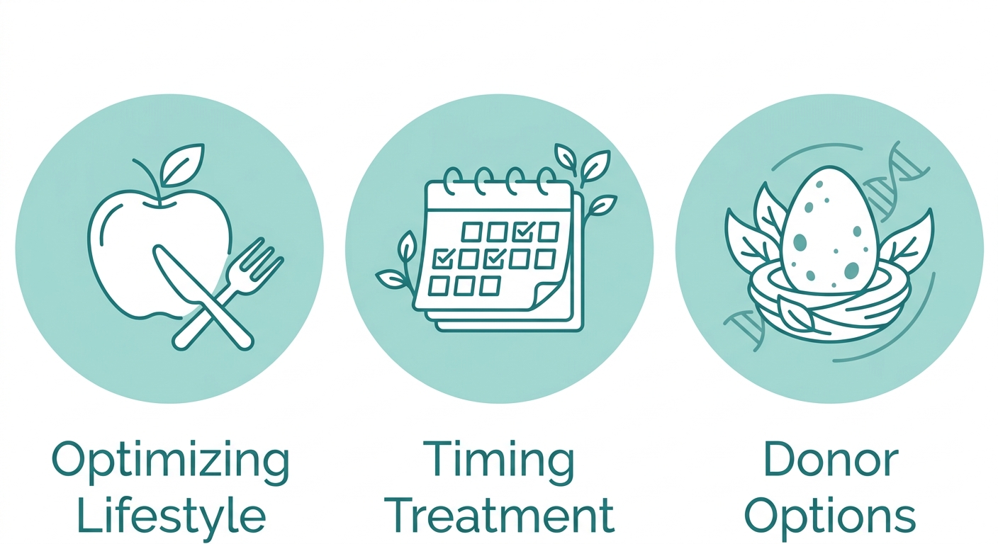 Three icons for fertility best practices: apple for lifestyle optimization, calendar for timing treatment cycle, egg for considering donor eggs or embryos, each in a soft teal circle.