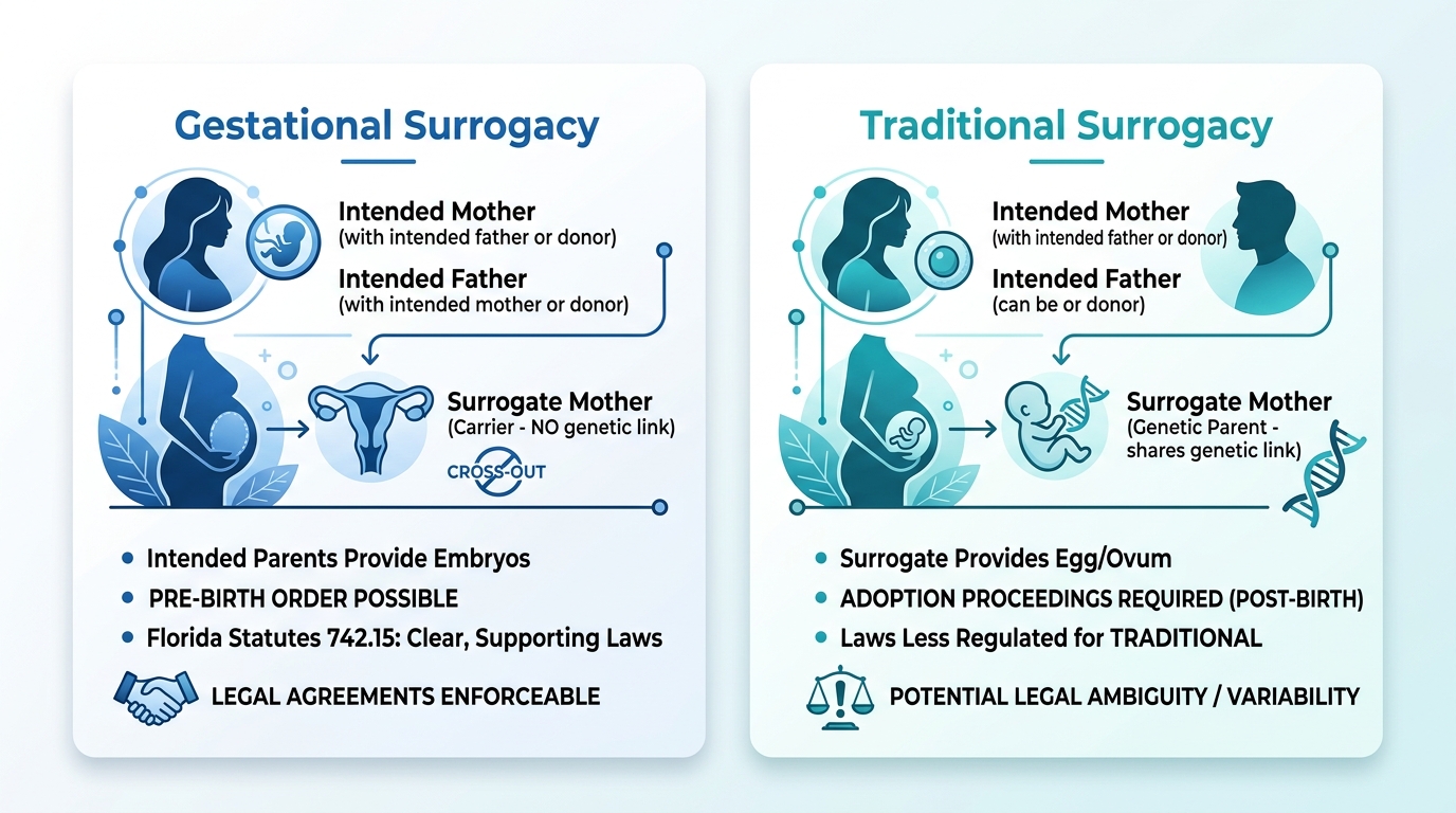 Infographic contrasting gestational and traditional surrogacy options under Florida law