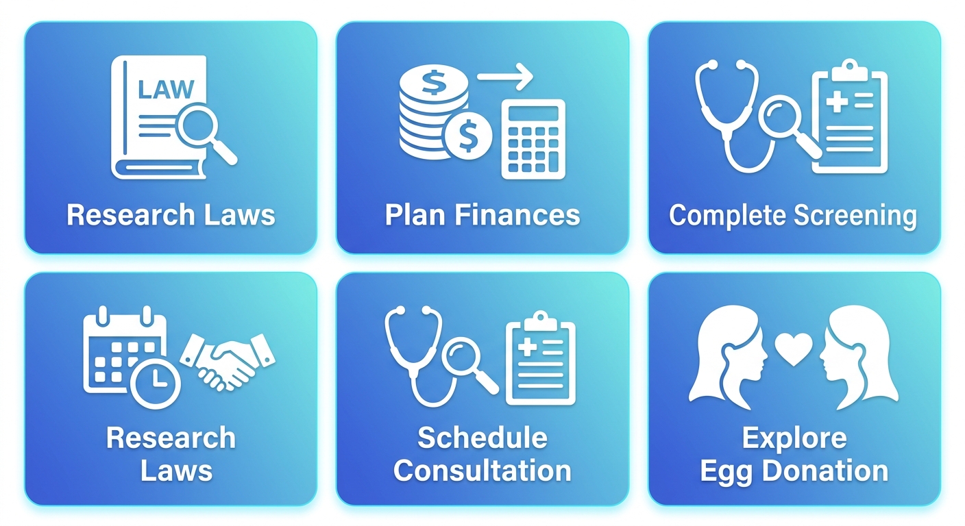 Vertical process flow diagram showing steps: Research Laws, Plan Finances, Schedule Consultation, Complete Screening, Explore Egg Donation, with gradient blue background, white icons, and no title text
