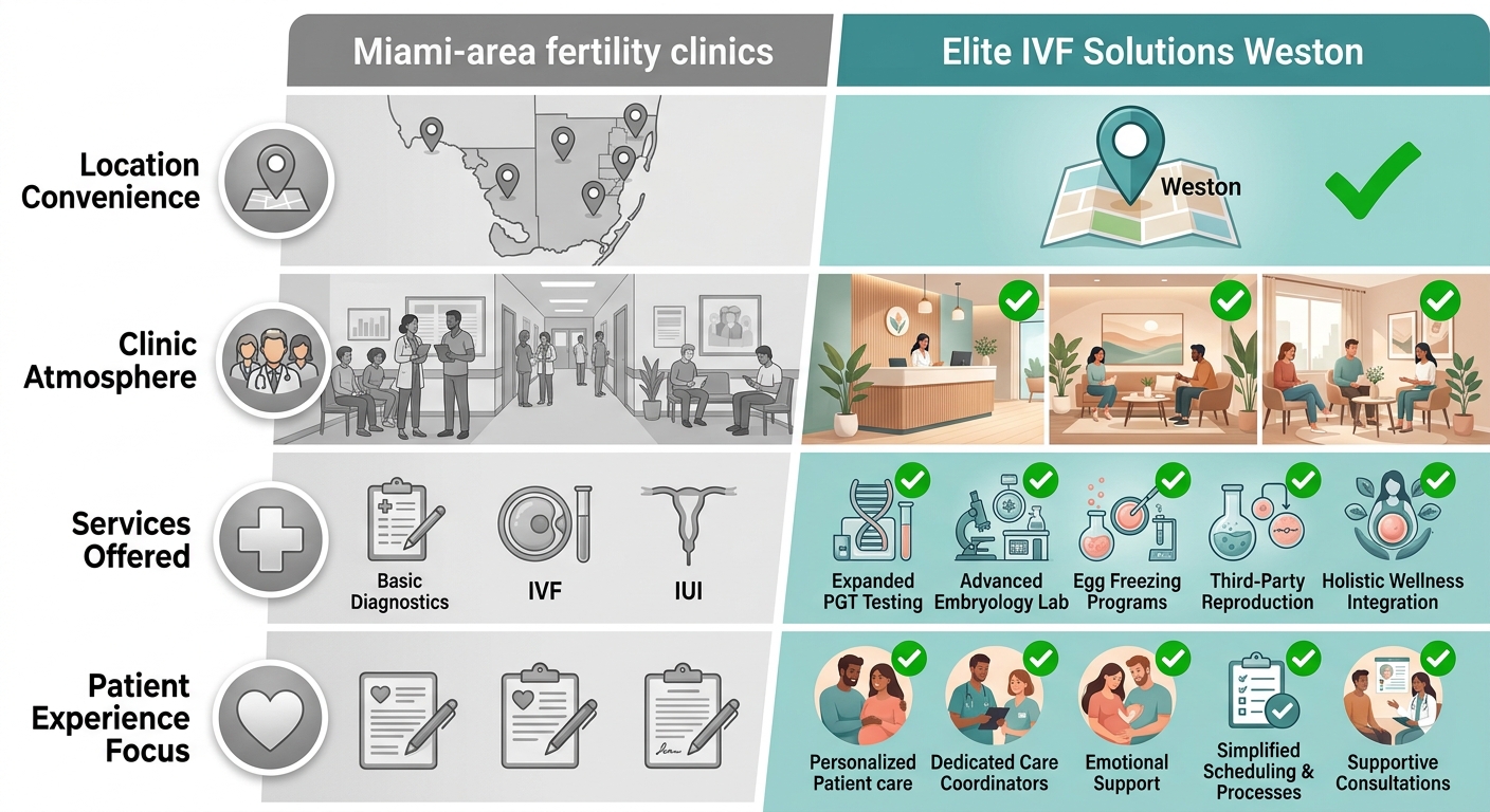 Infographic comparing Miami-based fertility clinics with Elite IVF Solutions in Weston across four key aspects: location convenience, clinic atmosphere, services offered, and patient experience focus.