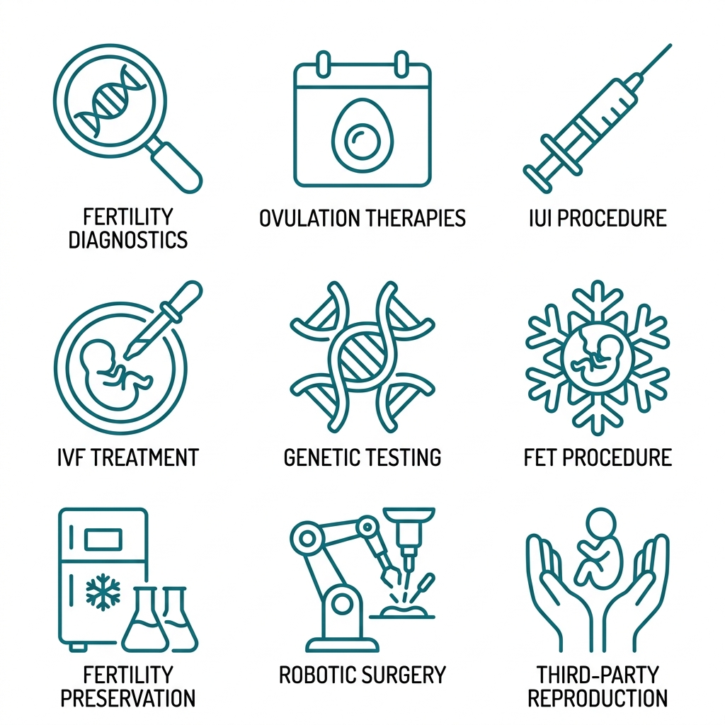 Grid of nine icons representing comprehensive fertility services