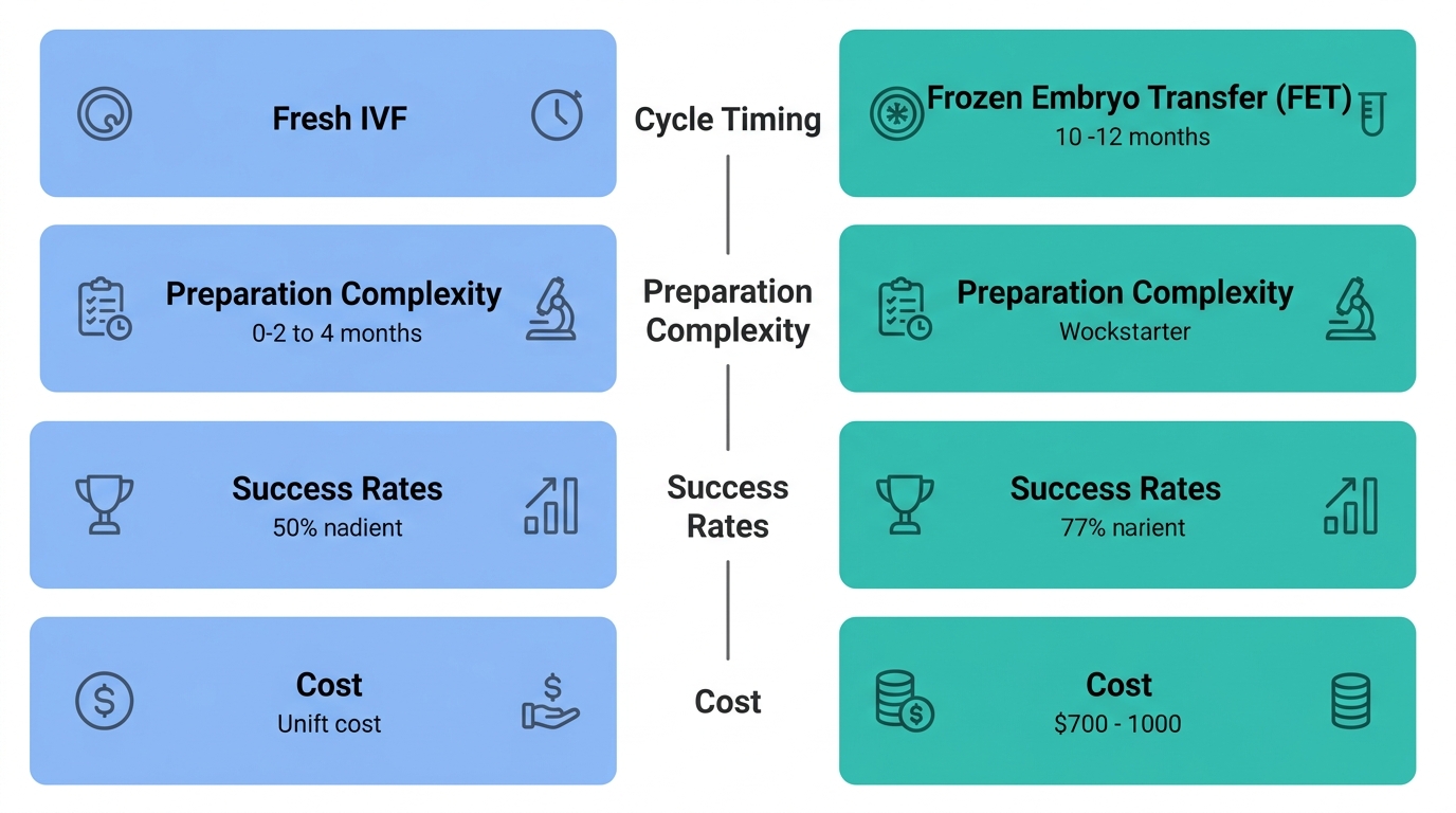 Side-by-side comparison infographic of fresh IVF and frozen embryo transfer showing timing, preparation, success rates, and cost.