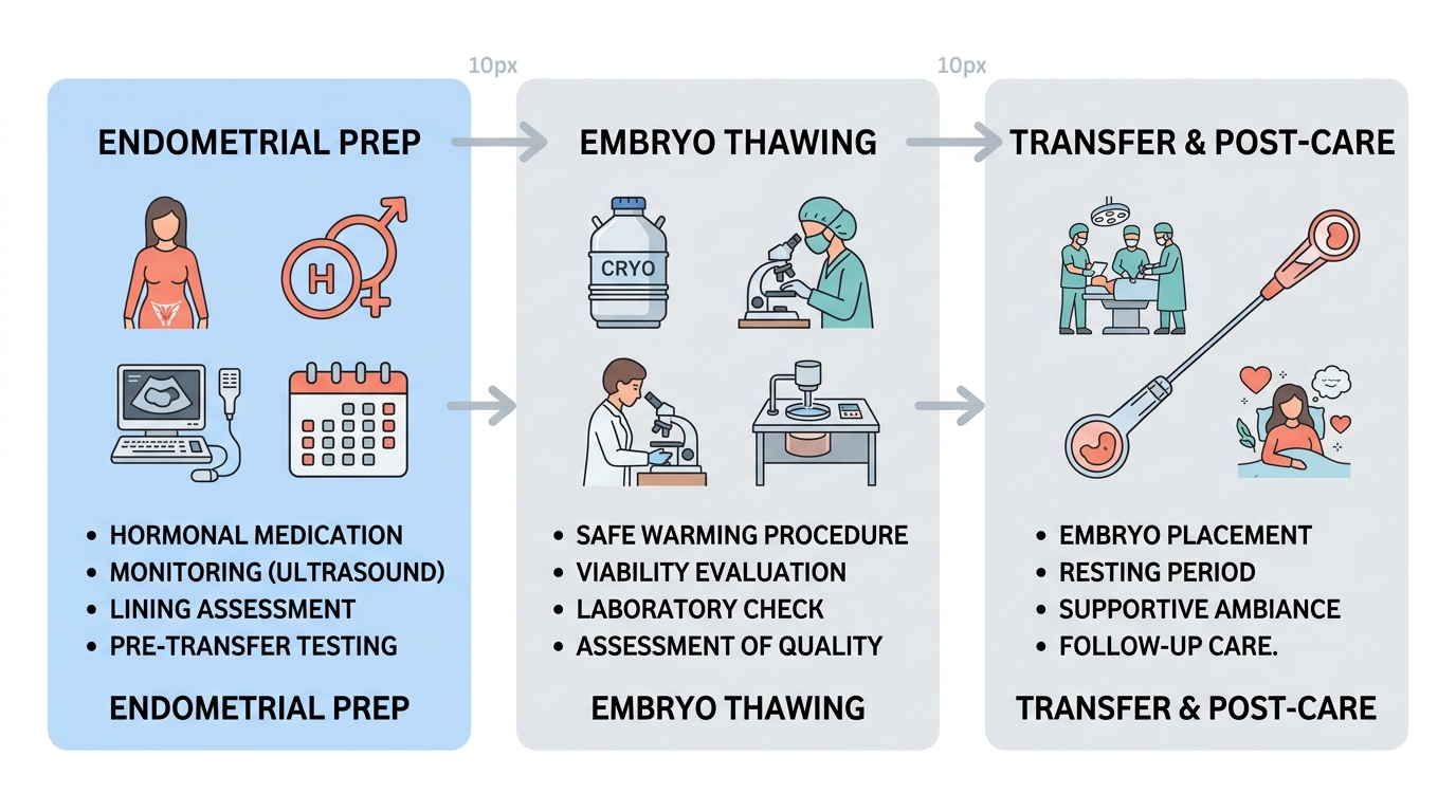 Three-step frozen embryo transfer process diagram showing endometrial preparation, embryo thawing, and transfer procedure