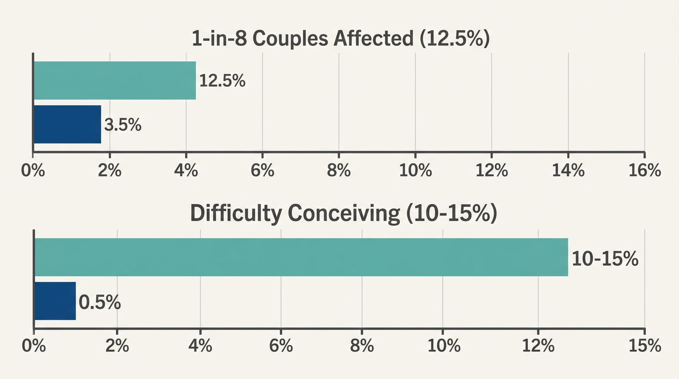 Bar chart showing 1 in 8 couples affected by infertility and 10-15% with difficulty conceiving