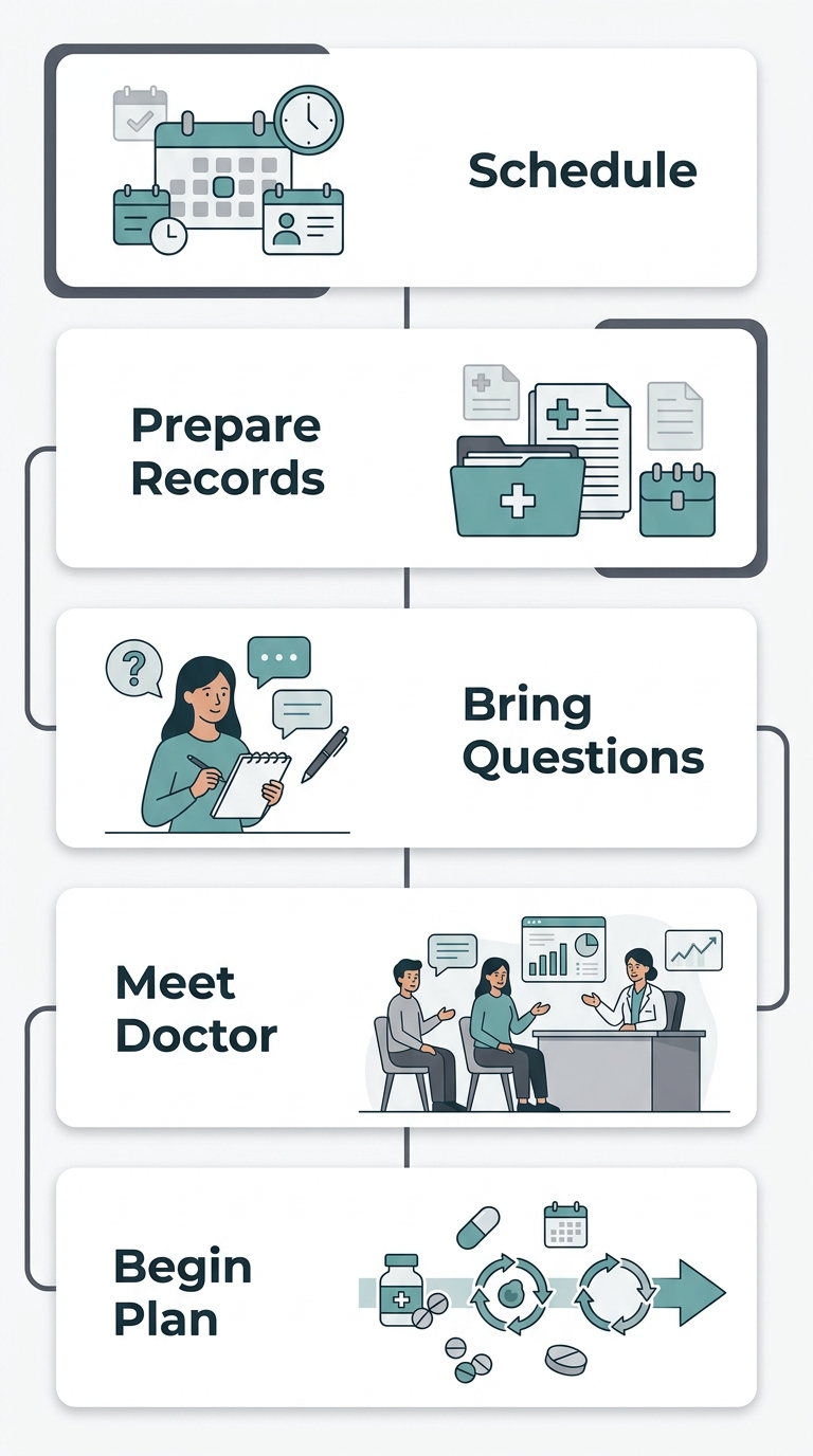 Vertical process flow diagram showing five steps of IVF treatment journey: Schedule Consultation, Prepare Records, Bring Questions, Meet Doctor, Begin Personalized Plan.