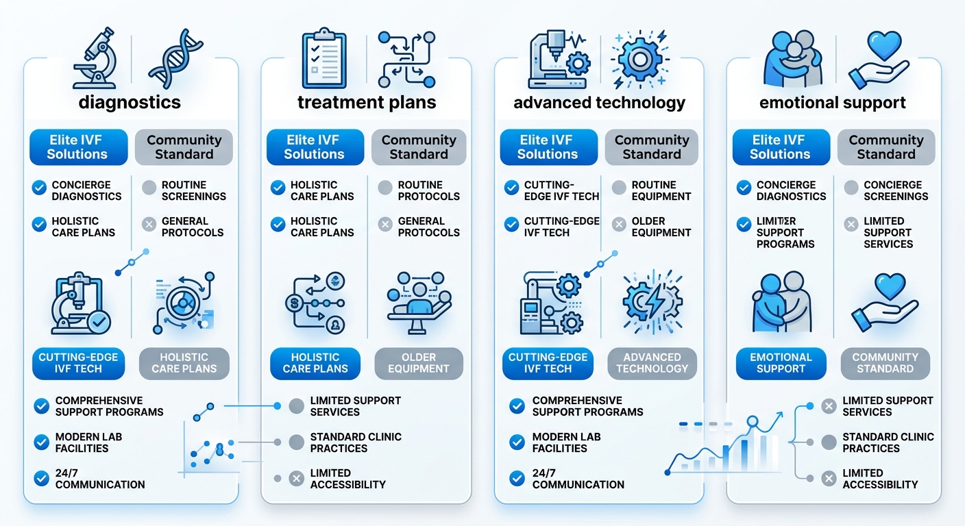 Infographic comparing Elite IVF Solutions fertility services to community standards across diagnostics, treatment, technology, and support.
