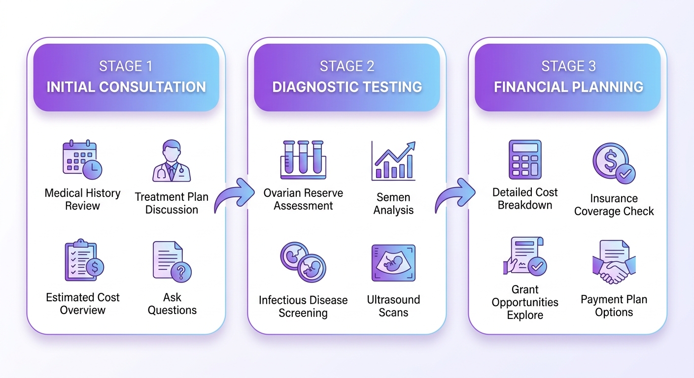 Three-step process flow showing the initial steps toward IVF treatment: consultation, diagnostic testing, and financial planning, with medical icons and a purple to light blue gradient design.