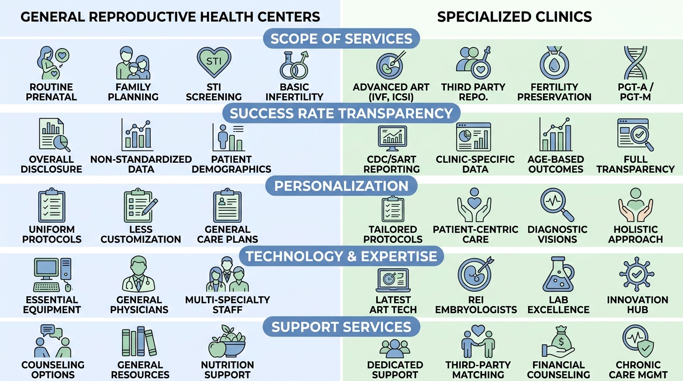 Comparison infographic showing five aspects of fertility care: general reproductive health centers versus specialized IVF clinics, highlighting scope, transparency, personalization, technology, and support.