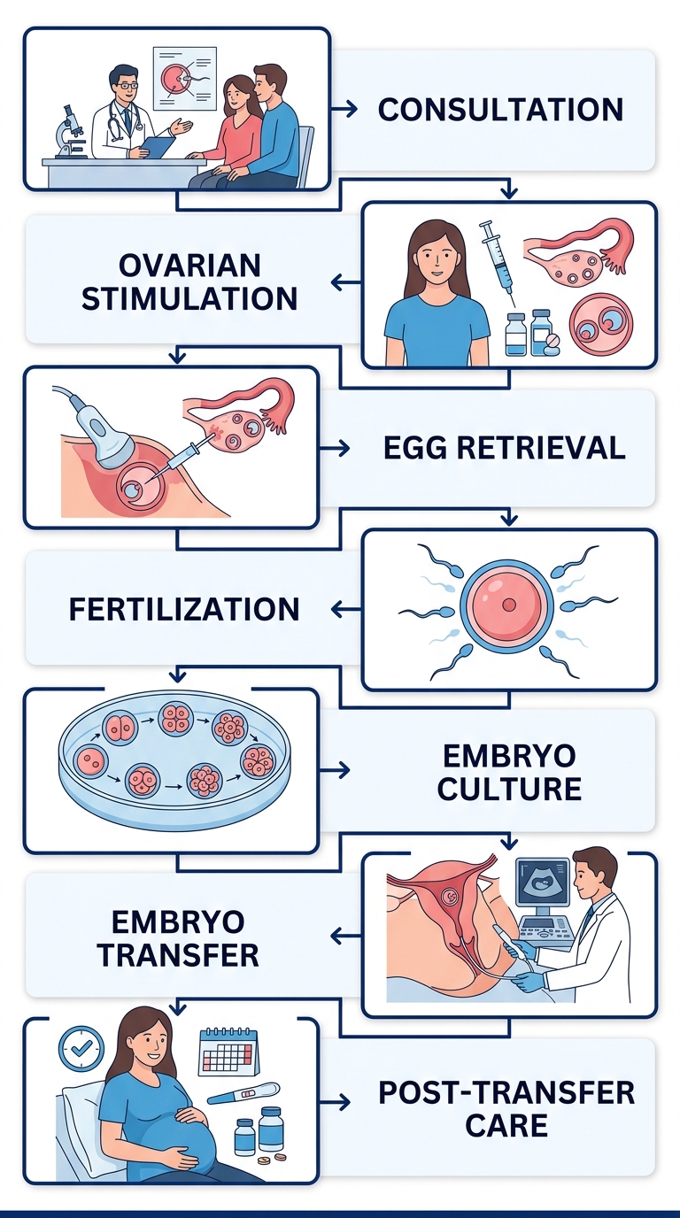 Step-by-step IVF process flow from consultation to support.