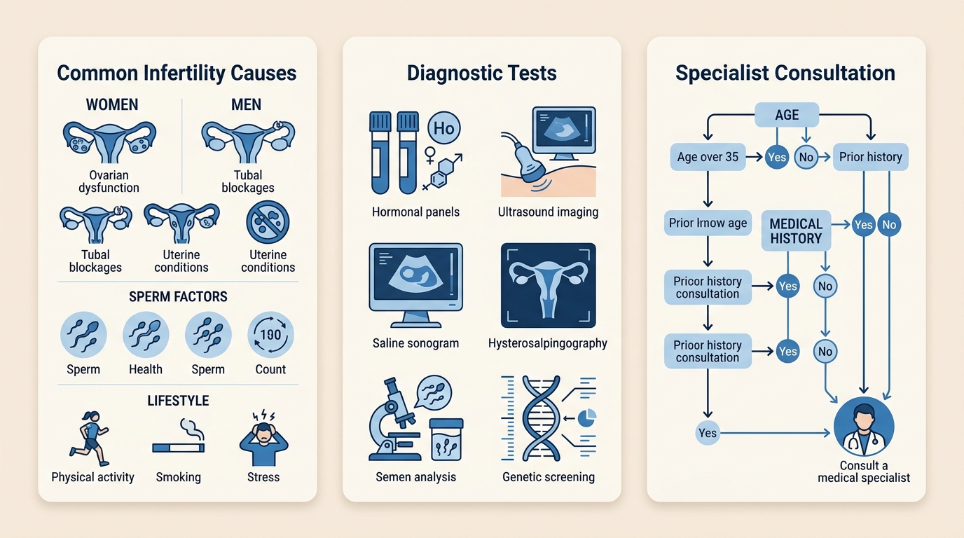 Three-panel infographic showing common infertility causes, diagnostic tests, and when to consult a specialist.