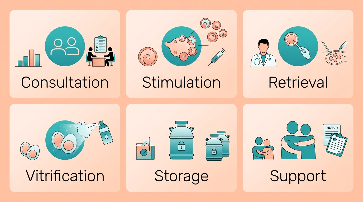 Clean medical infographic showing six egg freezing service steps