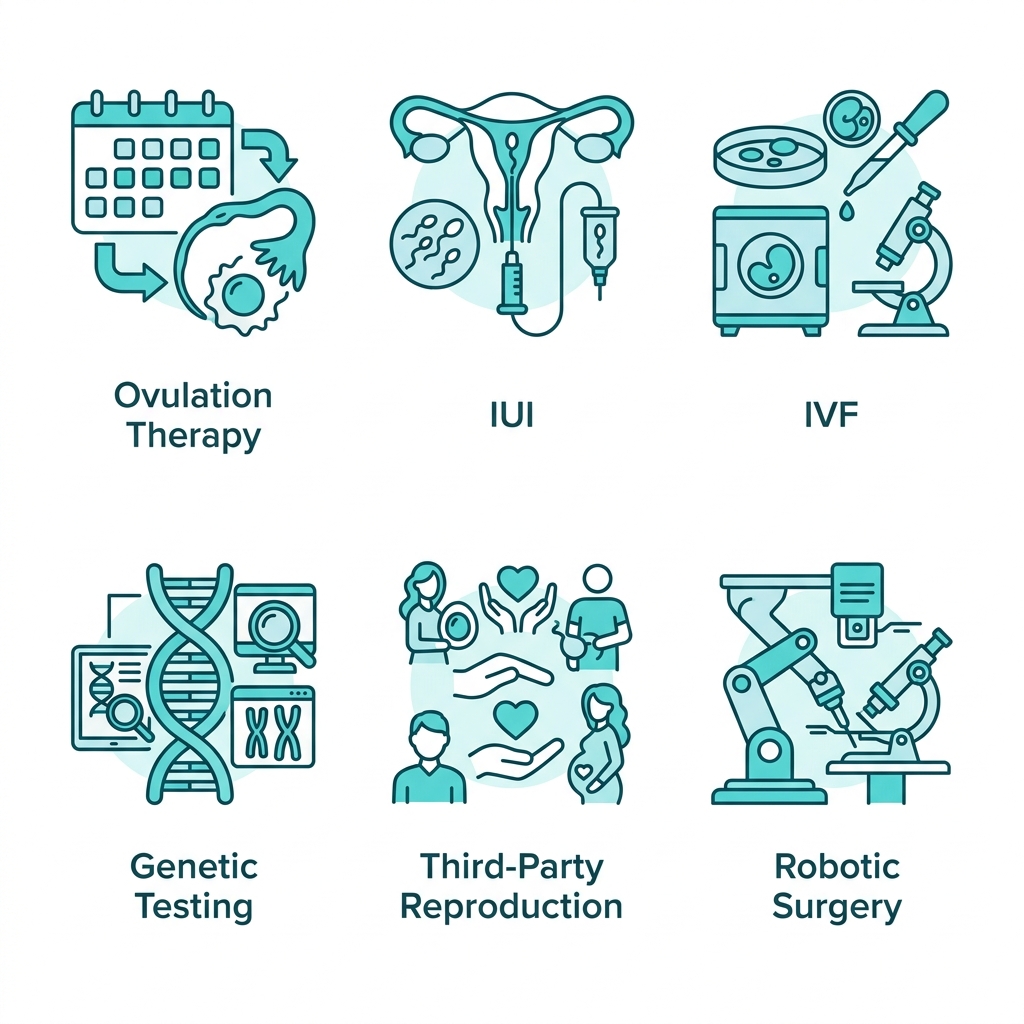 Grid of six teal outline icons representing ovulation therapy, IUI, IVF, genetic testing, third-party reproduction, and robotic surgery, with dark gray labels on a white background