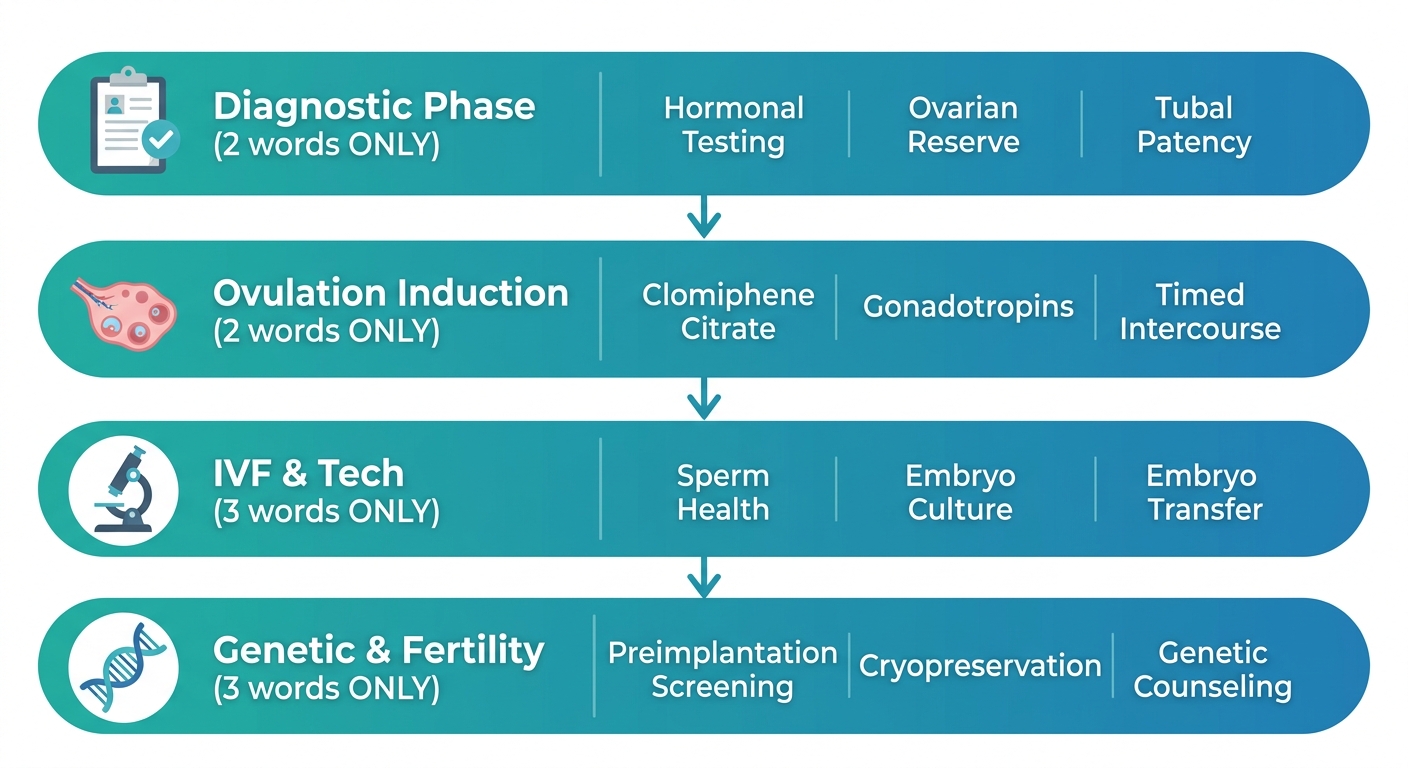 Vertical process flow diagram of four phases of fertility care: Diagnostic Phase, Ovulation Induction, IVF & Tech, Genetic & Fertility, with teal to blue gradients and medical icons.