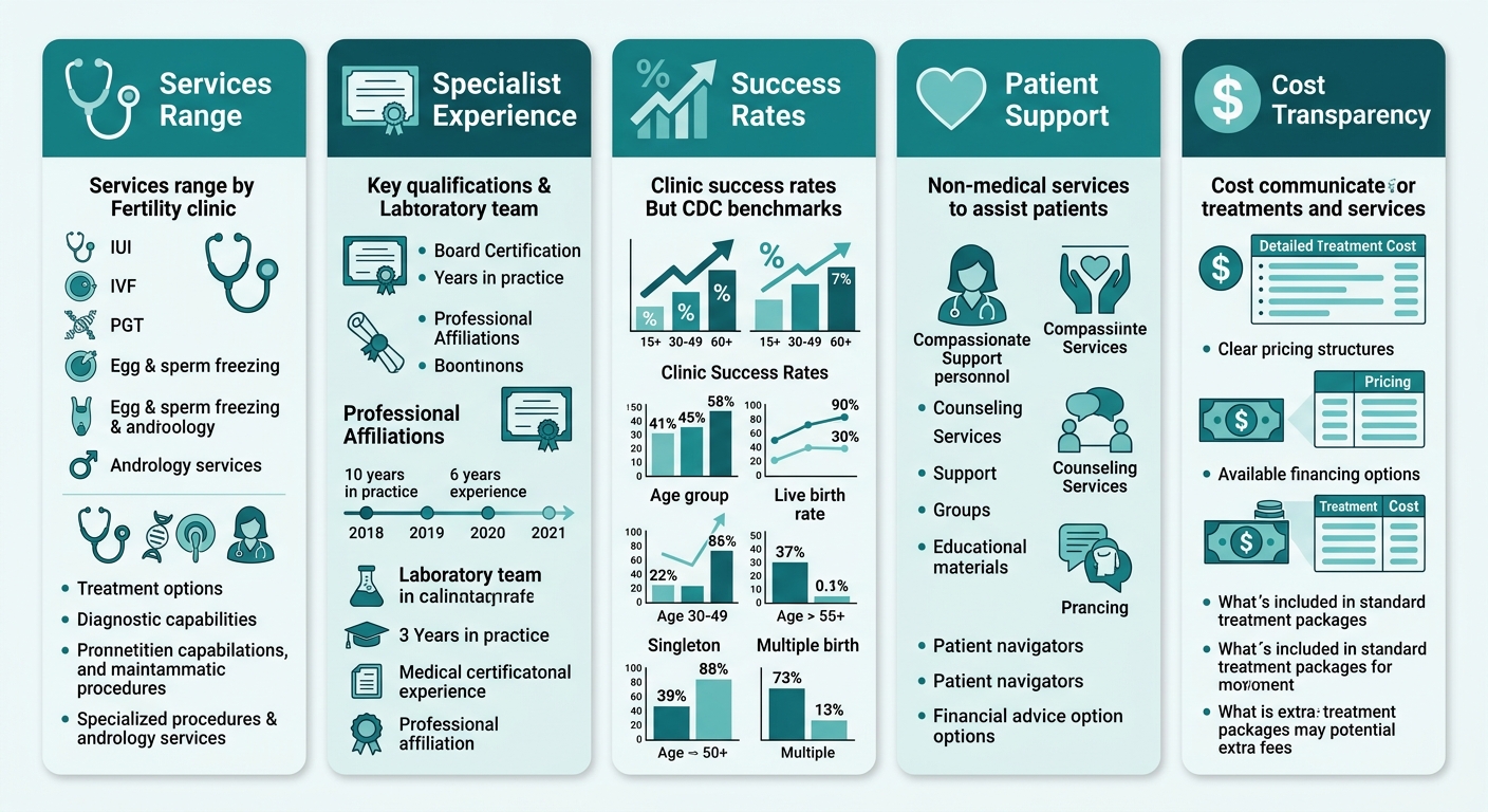 Infographic comparing five key factors for choosing a fertility clinic: range of services, specialist experience, success rates, patient support, and cost transparency.