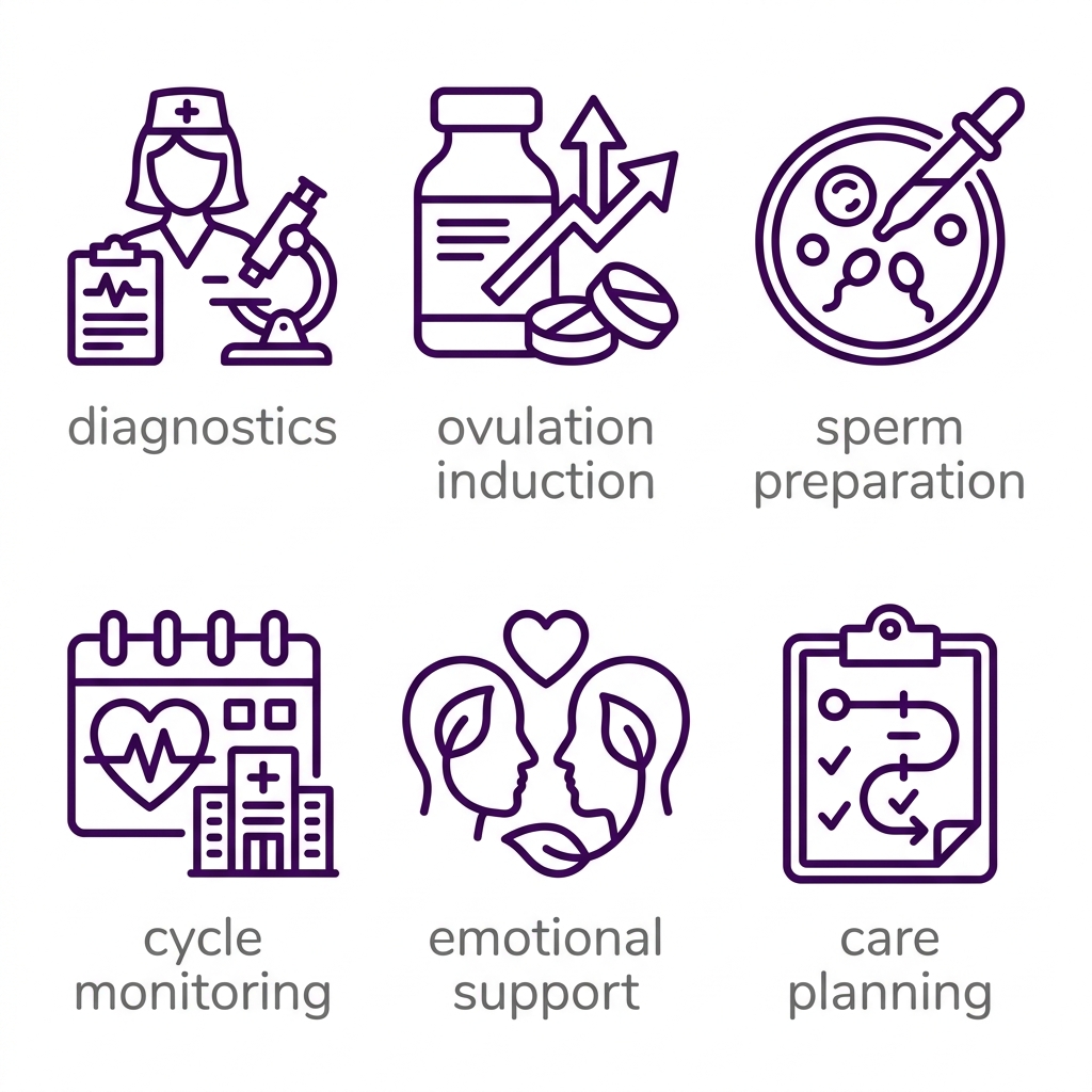 Set of six outline icons representing comprehensive IUI services
