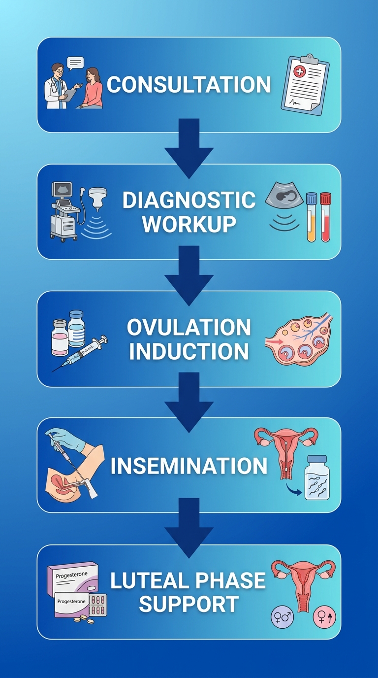 Five-step IUI treatment process flow from consultation to luteal phase support