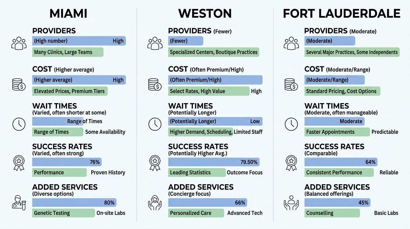 Infographic comparing IUI treatment factors across Miami, Weston, and Fort Lauderdale, Florida