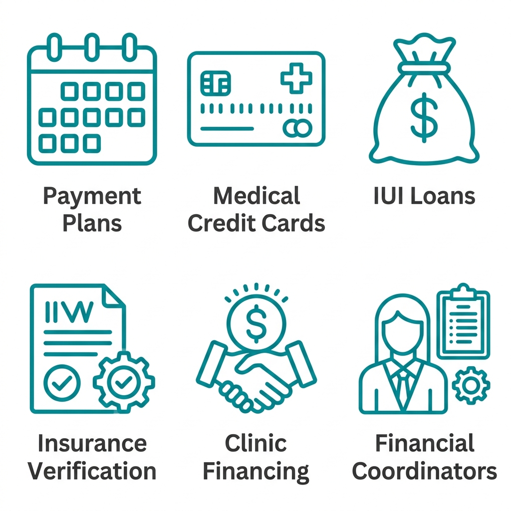 Set of six icons illustrating IUI financing and insurance options including payment plan, medical credit card, loan, insurance verification, clinic financing, and financial coordinator