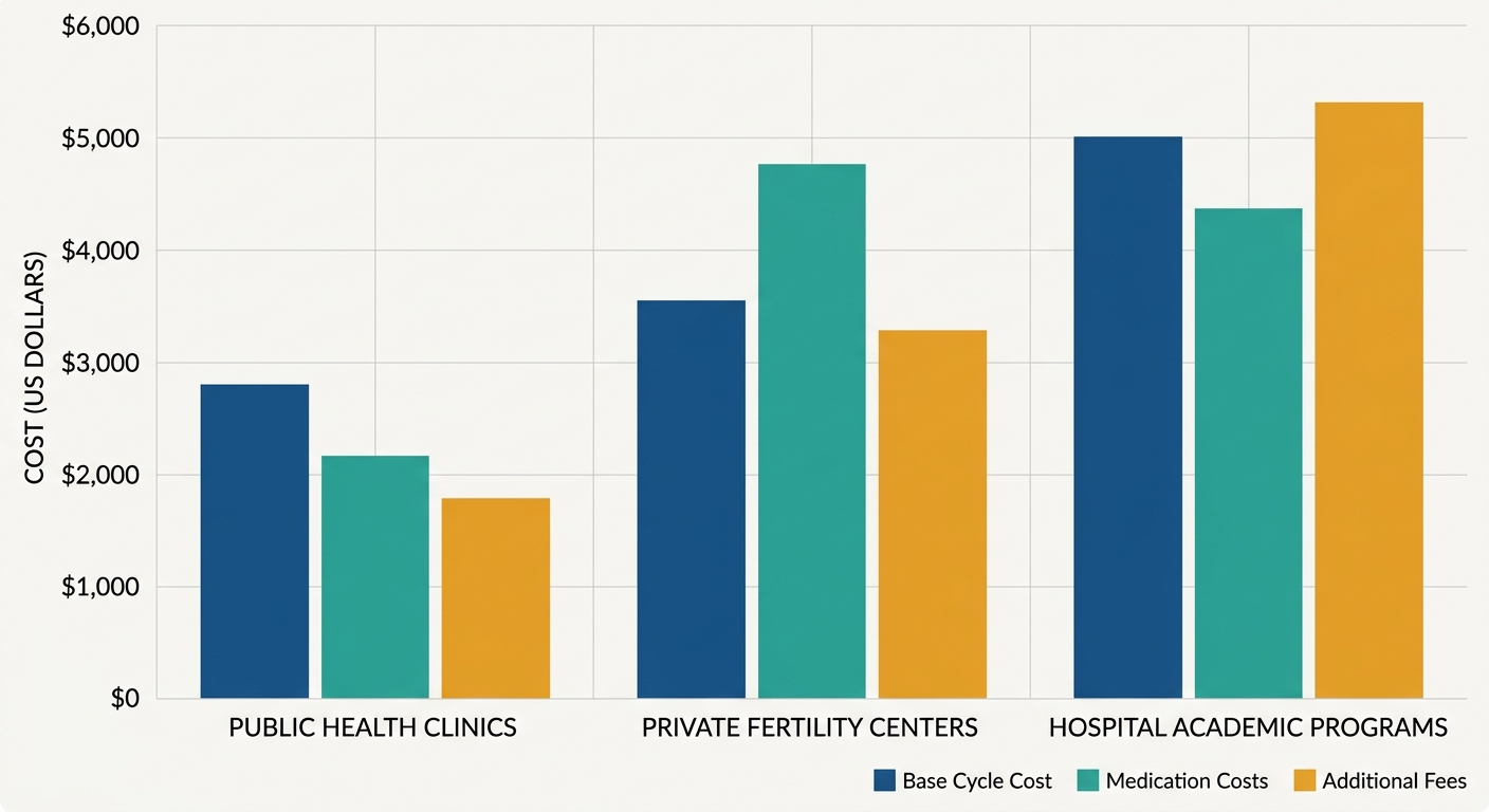 Grouped bar chart comparing base cycle, medication, and additional fees for IUI across three clinic types in Miami, Florida.