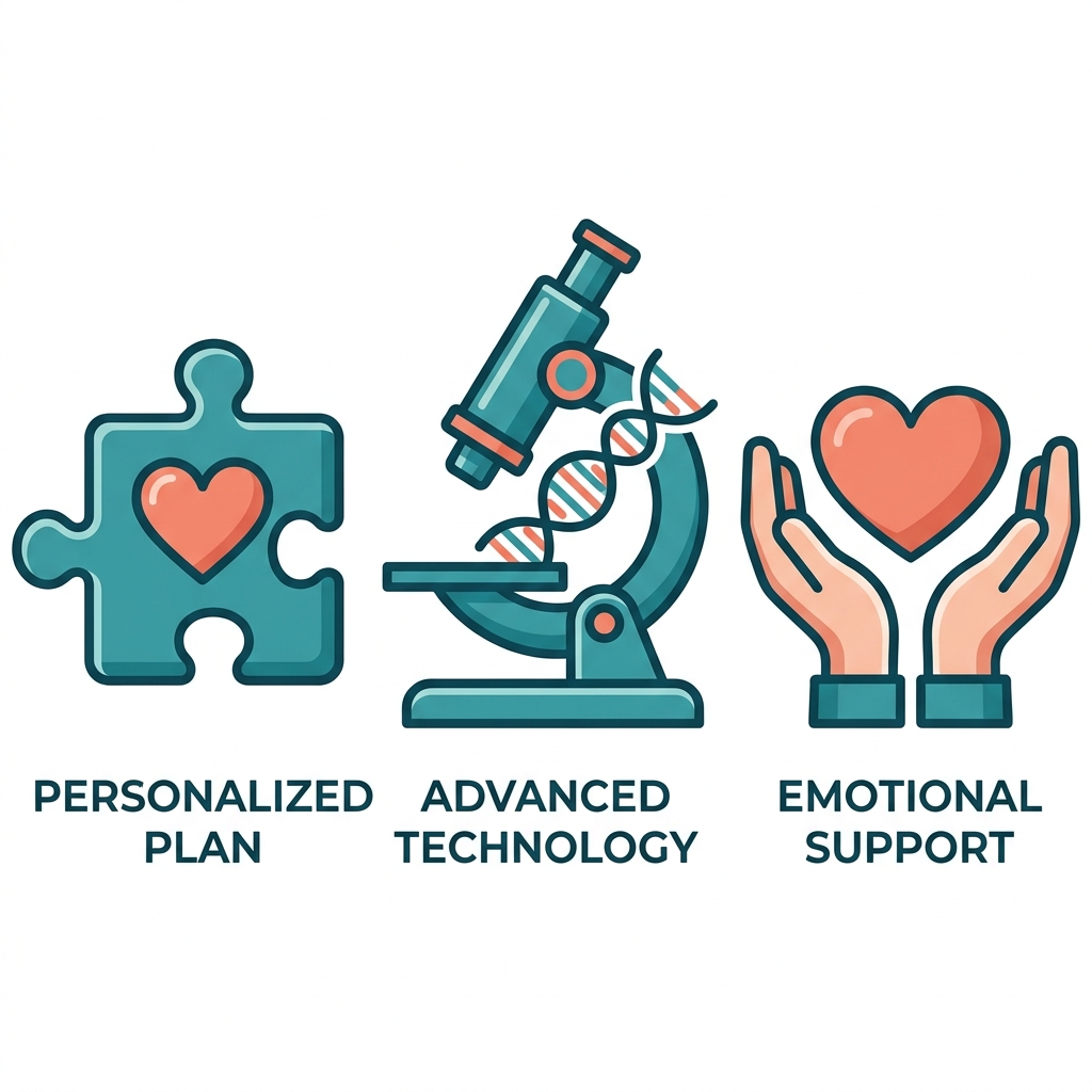 Three icons: puzzle with heart for personalized plan, microscope with DNA for advanced technology, hands cradling heart for emotional support.
