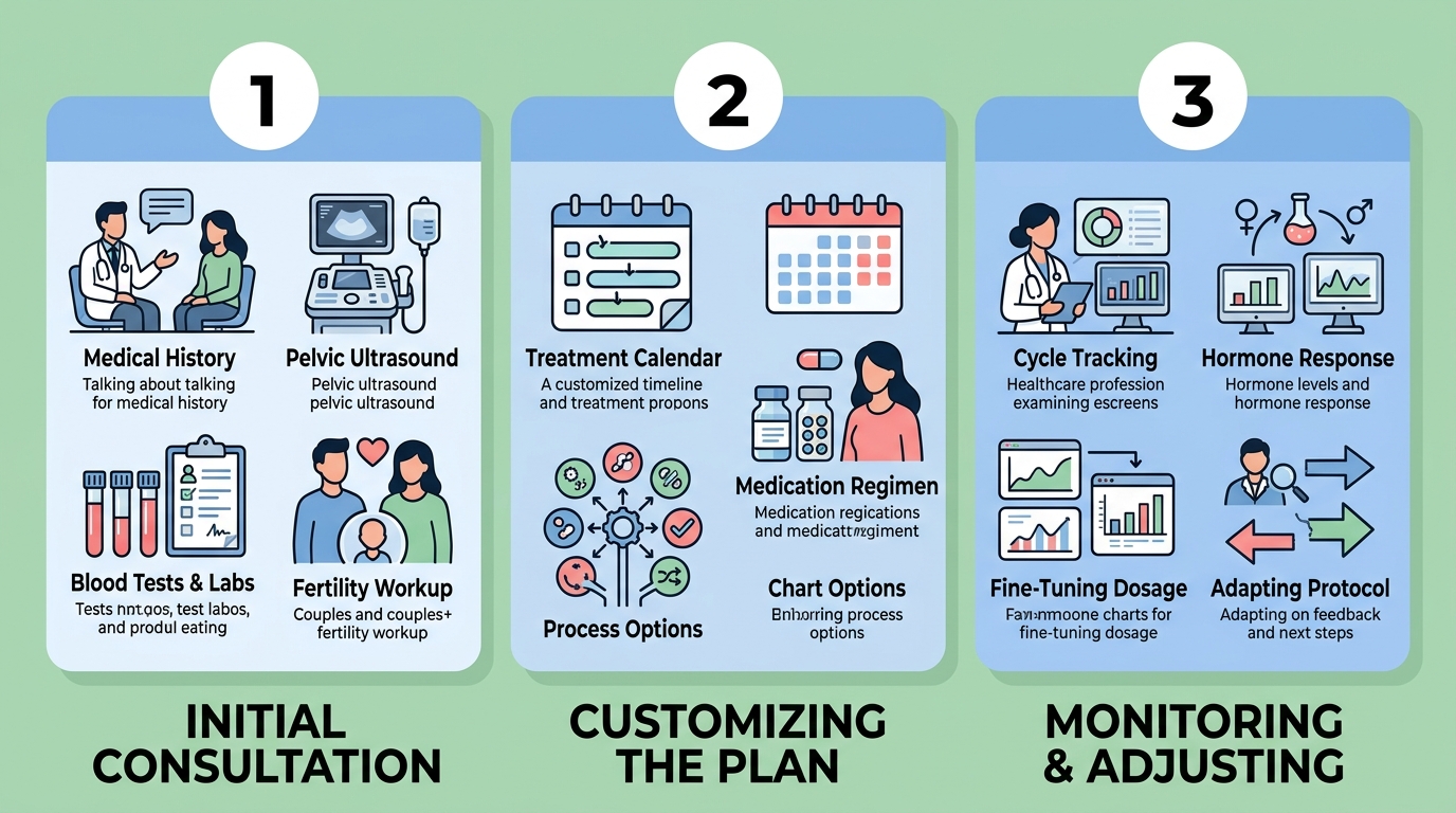 Three-stage fertility treatment process diagram with soft blue and green medical styling, showing initial consultation, customizing the plan, and monitoring and adjusting stages connected by arrows.