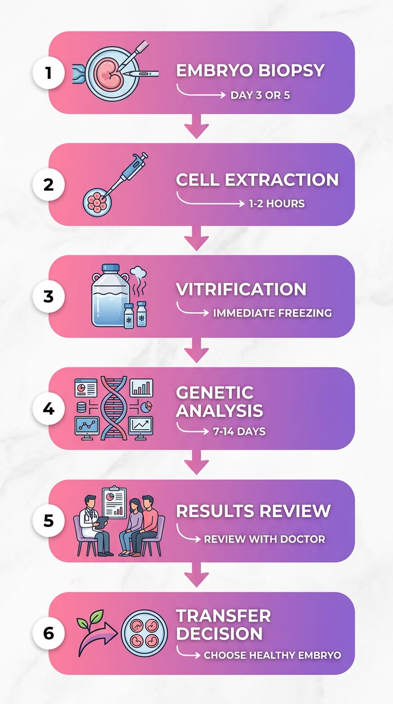 IVF genetic testing process flow diagram showing six sequential stages from embryo biopsy to transfer decision with soft pink to purple gradient fills and connecting arrows