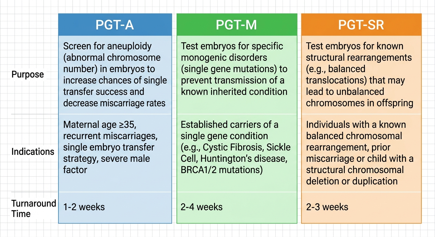 Comparison infographic of preimplantation genetic testing types PGT-A, PGT-M, and PGT-SR showing purpose, indications, and turnaround time.