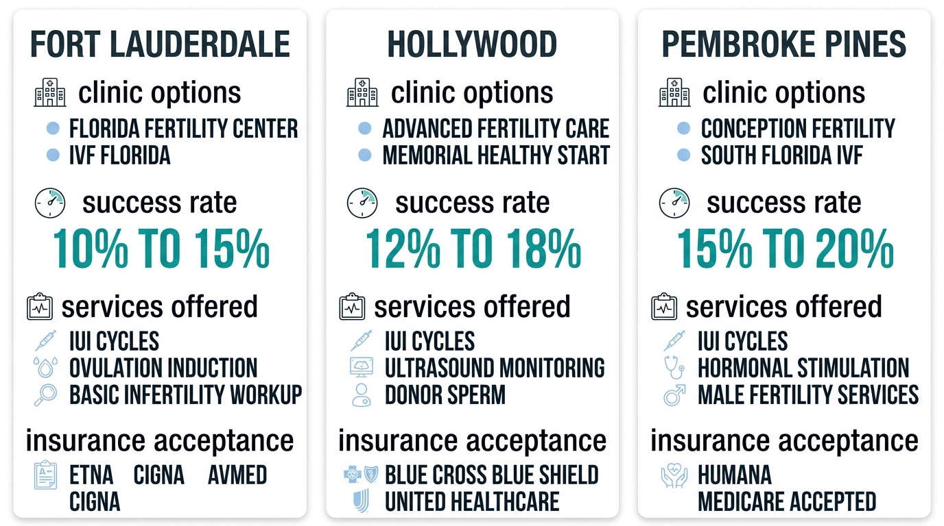Infographic comparing IUI clinic options across three Broward County locations, highlighting success rates, services, and insurance acceptance.