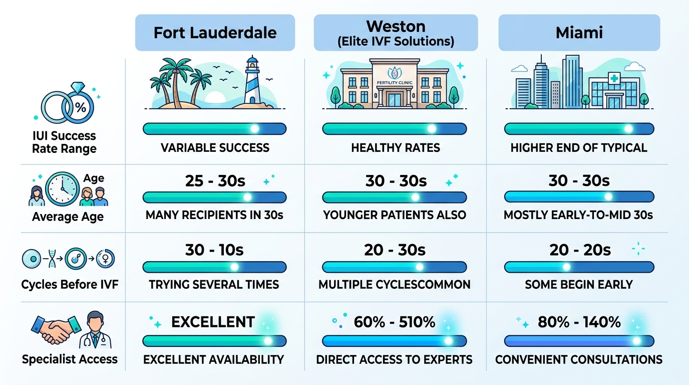 Infographic comparing IUI treatment factors across three South Florida locations with a soft blue and teal color palette.