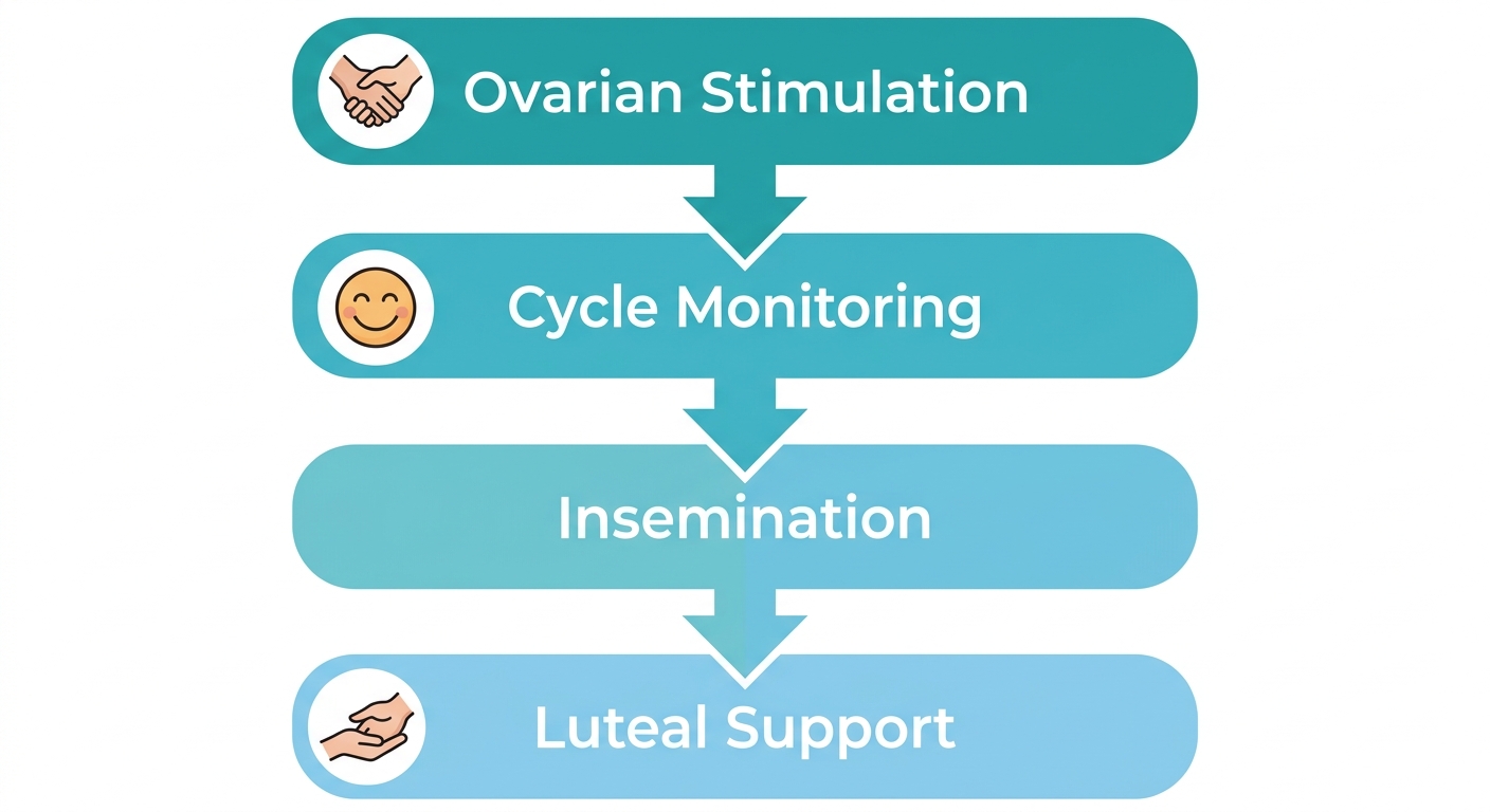 Vertical diagram showing four stages of an IUI cycle at Elite IVF Solutions: Ovarian Stimulation, Cycle Monitoring, Insemination, and Luteal Support, with teal gradient boxes and warm care icons, on a clean white background.