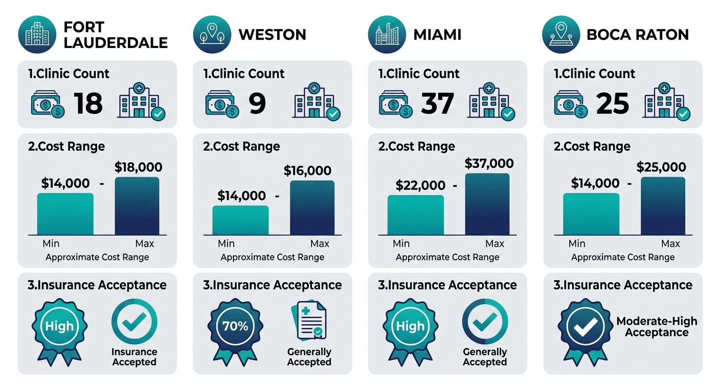 Infographic comparing IVF clinic availability, cost ranges, and insurance acceptance across Fort Lauderdale, Weston, Miami, and Boca Raton.