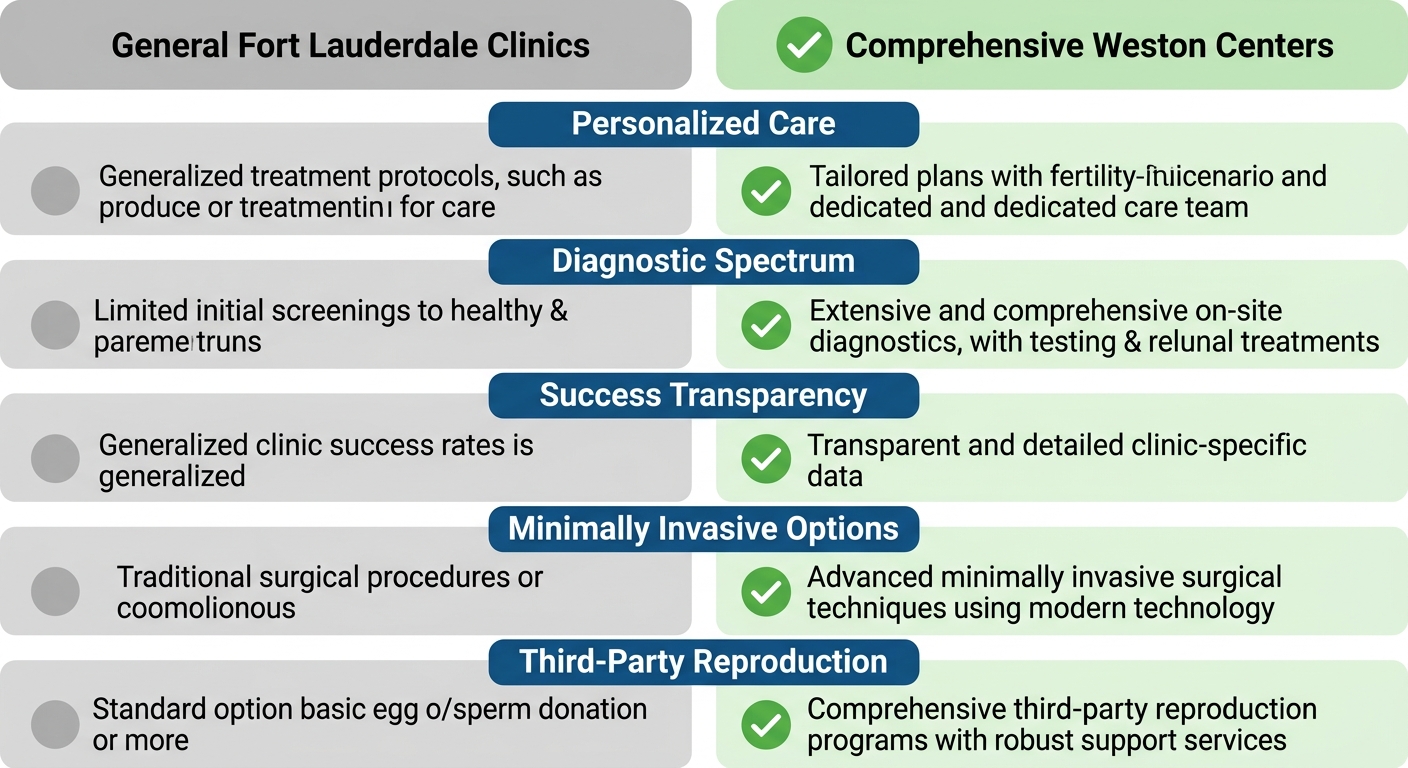 Infographic comparing fertility care options between general clinics and comprehensive centers